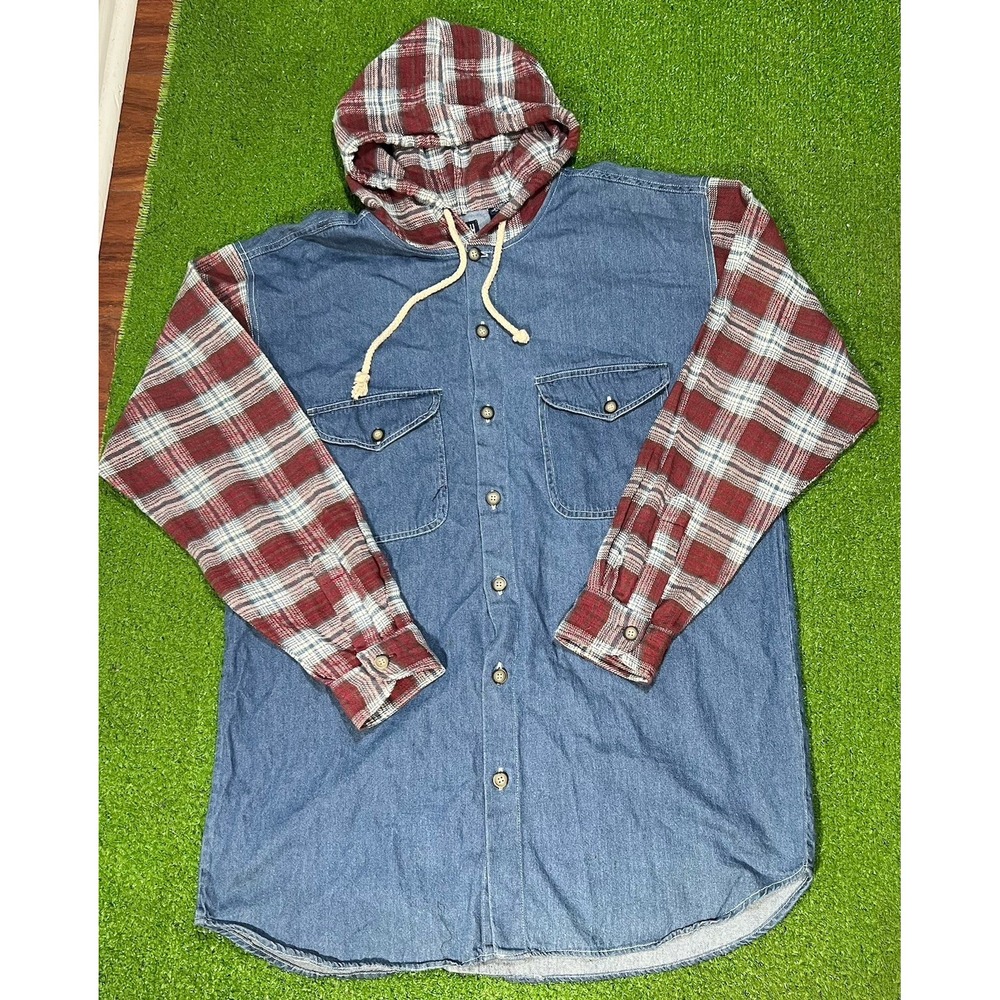 Vintage ColorBlock Flannel Denim L 90s Skater Hooded Button Up Baggy Shah Safari